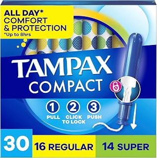 Tampax Compact Pearl Tampons Multipack, with LeakGuard Braid & Extendable Applicator, Regular/Super Absorbency, Compact Extendable Applicator, Unscented, 30 Count
