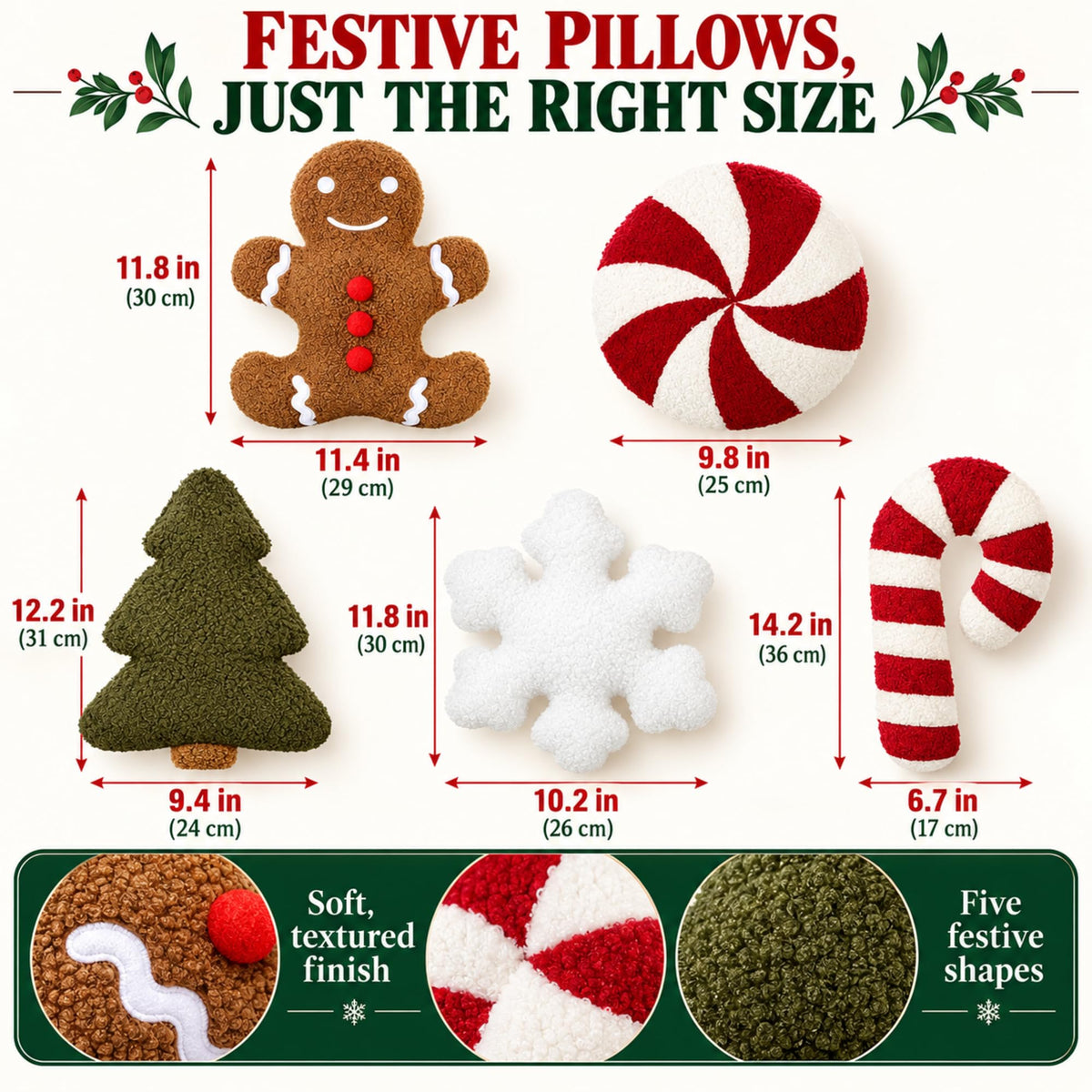 Memorywuu Christmas Throw Pillow Set, 5 Pack, Gingerbread and Tree Design