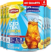 Lipton Reduced Sugar Lemon Iced Tea Mix, Makes 10 Quarts, Pack of 6 | Black tea with lemon flavor and 25% less sugar per serving than regular Lipton Powdered Iced Tea Mix