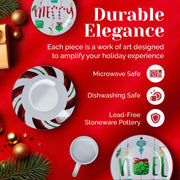 16-Piece Christmas-Themed Stoneware Dinnerware Set - Green/Red by American Atelier – 10.5x10.5", Porcelain, Green/Red, Pack of 16, Model 7216-16-RB