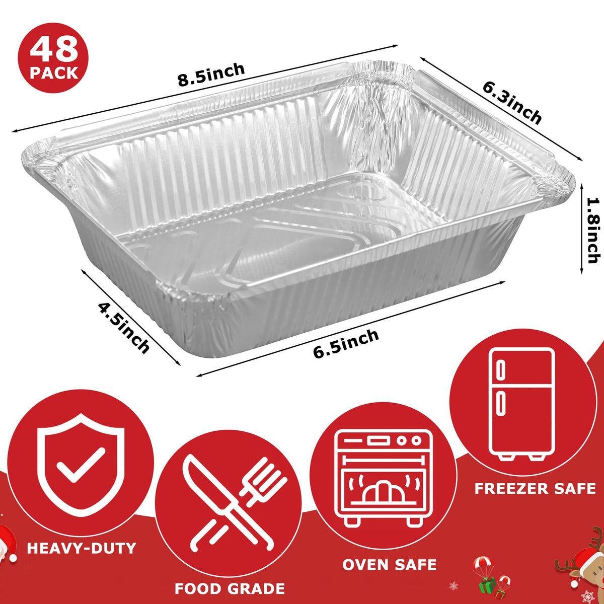 Peony Man Christmas Foil Pans with Lids, 8.5 x 6.3 Inch, 48 Pack