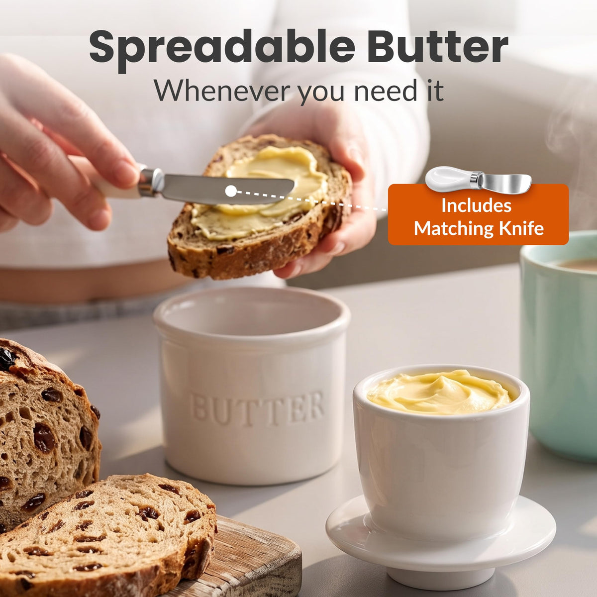 Priority Chef Ceramic Butter Crock with Lid and Knife, Regular Size, White