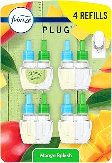 Febreze Plug In Air Freshener, Odor-Fighting Scented Oil Refill, Air Fresheners for Home and Bathroom and Kitchen, Long Lasting for Strong Odors, Mango Splash Scent, 0.87oz Refills, 4 Count