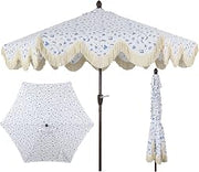 JONATHAN Y UMB1001 Collins 9 ft. Classic Cottage Tassel Market Patio Umbrella with Auto-Tilt, Crank, Wind Vent and UV Protection