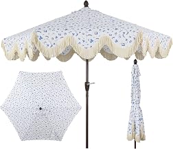 JONATHAN Y UMB1001 Collins 9 ft. Classic Cottage Tassel Market Patio Umbrella with Auto-Tilt, Crank, Wind Vent and UV Protection