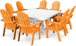 Polywood Vineyard Curveback Adirondack 9-Piece Nautical Trestle Dining Set in Tangerine/White