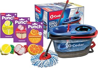 O-Cedar Punch Fruit-Shaped Scrub Sponge Pack (3 Count) + RinseClean Microfiber Spin Mop and Bucket System - Flexible, Multi-Use Scrub Sponges & Complete Mopping Cleaning Bundle