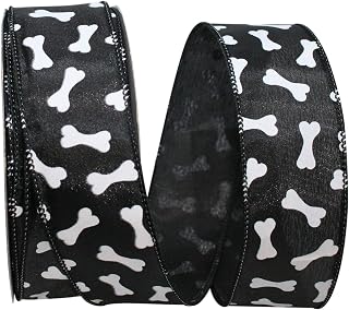 Reliant Ribbon Dog Bones Tossed Wired Edge Ribbon, 1-1/2 Inch X 20 Yards, Black/white