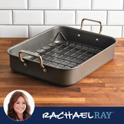 Rachael Ray Steel Roasting Pan with Rack, 16.5 x 13.5 Inch, Gray