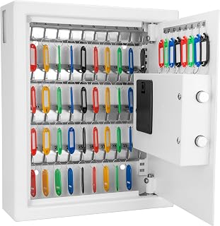 Barska 48-Key Wall Mount Key Cabinet Safe – Digital Keypad Lock Box with Numbered Hooks, Drop Slot, Color Tags & Backup Keys – Steel Construction for Home, Office, Business, School, Hotel | Digital keypad with 48 numbered hooks and steel deadbolts for