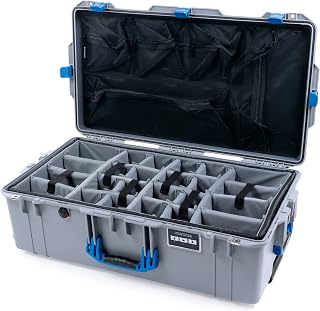 Color Case Silver Pelican 1615 Air case with Blue Handles & latches. Comes with Grey Padded dividers & lid Organizer.