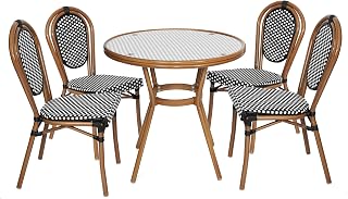 Flash Furniture 31.5" Glass Top Table and 4 Stack Chairs, Black/White | Commercial Grade, Indoor/Outdoor Use, PE Rattan, 4 Stack Chairs