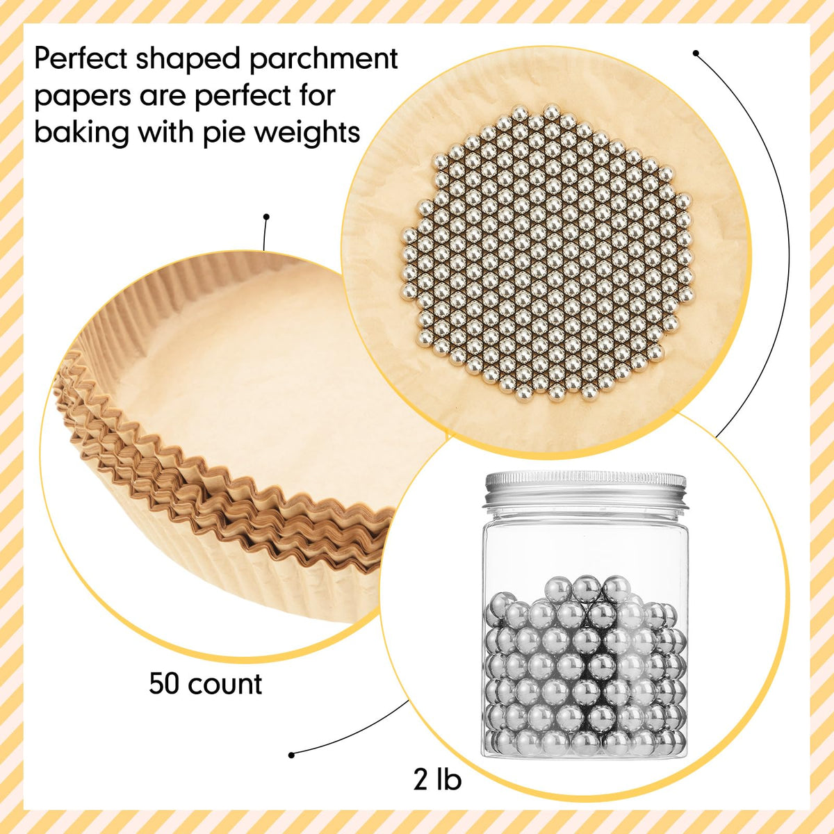 Patelai Pie Weights and Liners Set, 2 lb Stainless Steel Beads with 50 Parchment Papers, Silver