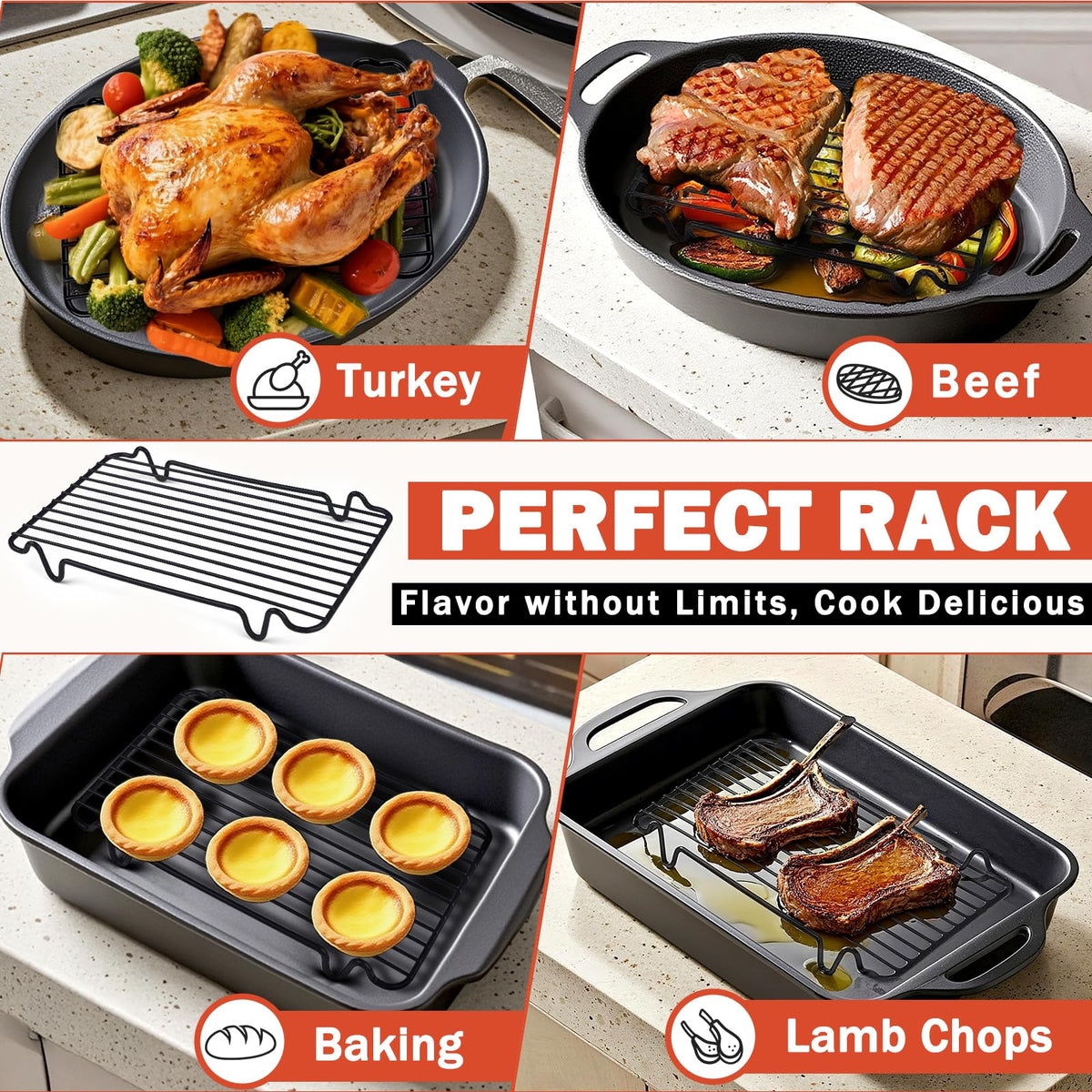 Gestone Roasting Rack, Non-Stick Stainless Steel, Black 12 x 7.5 Inch