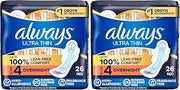Always Ultra Thin Pads for Women, Size 4 Overnight Absorbency, Unscented with Wings, 26 Count (Pack of 2)