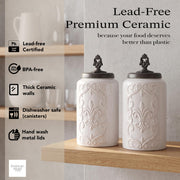 Floral Ceramic Kitchen Canister Set w/Clamp Lid White 2 PC by American Atelier – 2 Large, 300.0 milliliters, Stainless Steel, Antique White, Pack of 2