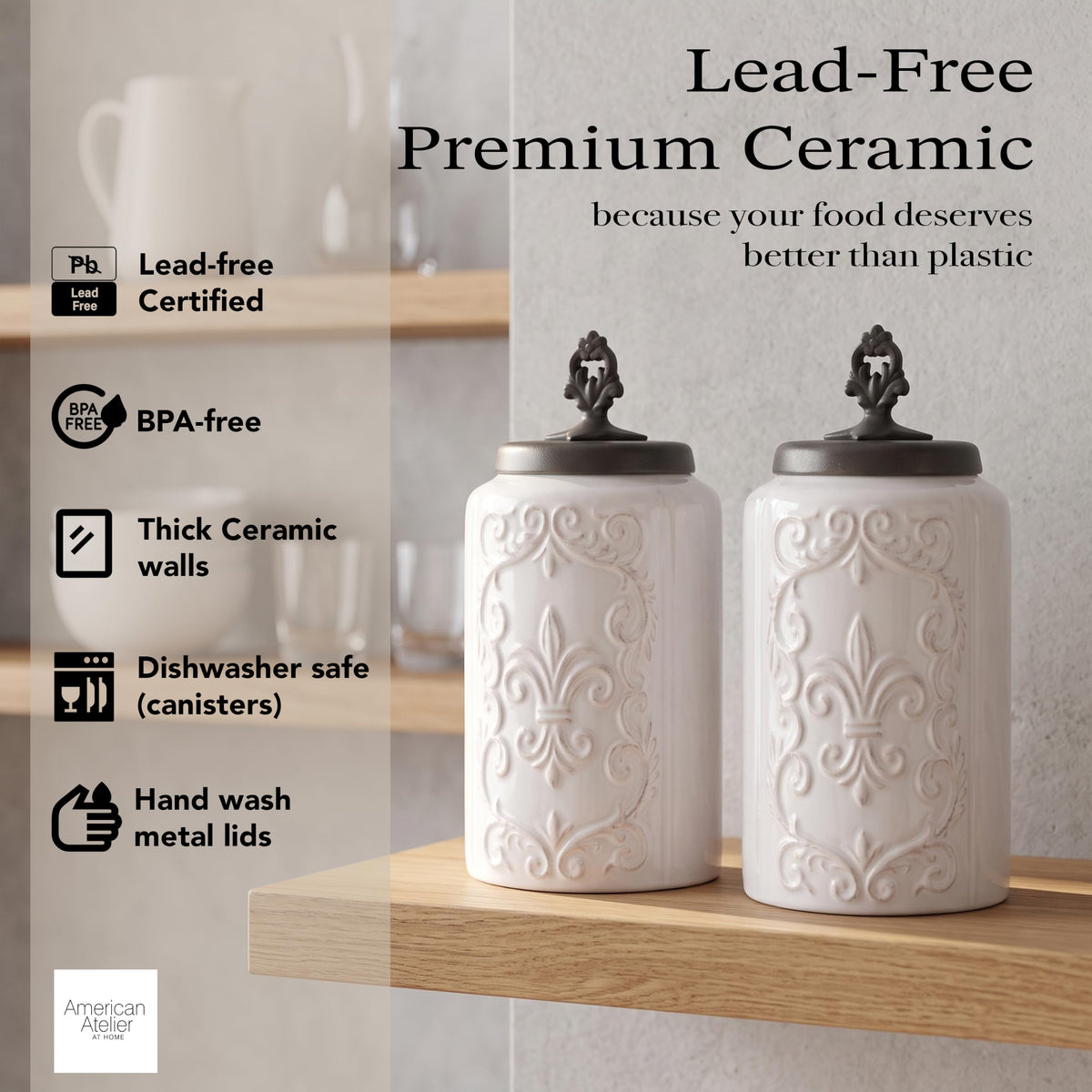 Floral Ceramic Kitchen Canister Set w/Clamp Lid White 2 PC by American Atelier – 2 Large, 300.0 milliliters, Stainless Steel, Antique White, Pack of 2