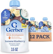 Gerber Toddler Food, Baby Food Pouches for Toddlers, Banana Blueberry, Fruit Puree, Yogurt & Whole Grains, Iron & Choline Helps Support Brain Development, No Artificial Flavors 3.5oz each (Pack of 12)