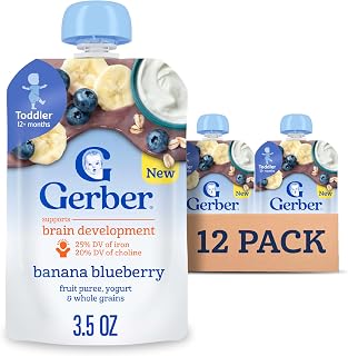 Gerber Toddler Food, Baby Food Pouches for Toddlers, Banana Blueberry, Fruit Puree, Yogurt & Whole Grains, Iron & Choline Helps Support Brain Development, No Artificial Flavors 3.5oz each (Pack of 12)