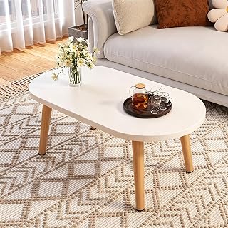 31.5in Coffee Table, Paired with Solid Wood Legs，White | Wooden Coffee Table,Mesa De Centro, Oval Coffee Table, for Living Rooms, Dormitories, or Apartments