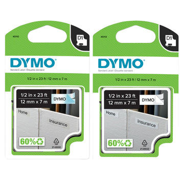 D1 Label Maker Tape Bundle 1/2" x 23' by DYMO – 1/2" x 23', Black on White, Pack of 2, Model 45113 / 45110