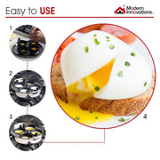 Egg Poacher Pan for Perfect Poached Eggs by Modern Innovations – 4 Egg Cups Pan, 45.0 milliliters, Stainless Steel, Glass, Teflon, Silicone, Silver, Model MI 1085 b