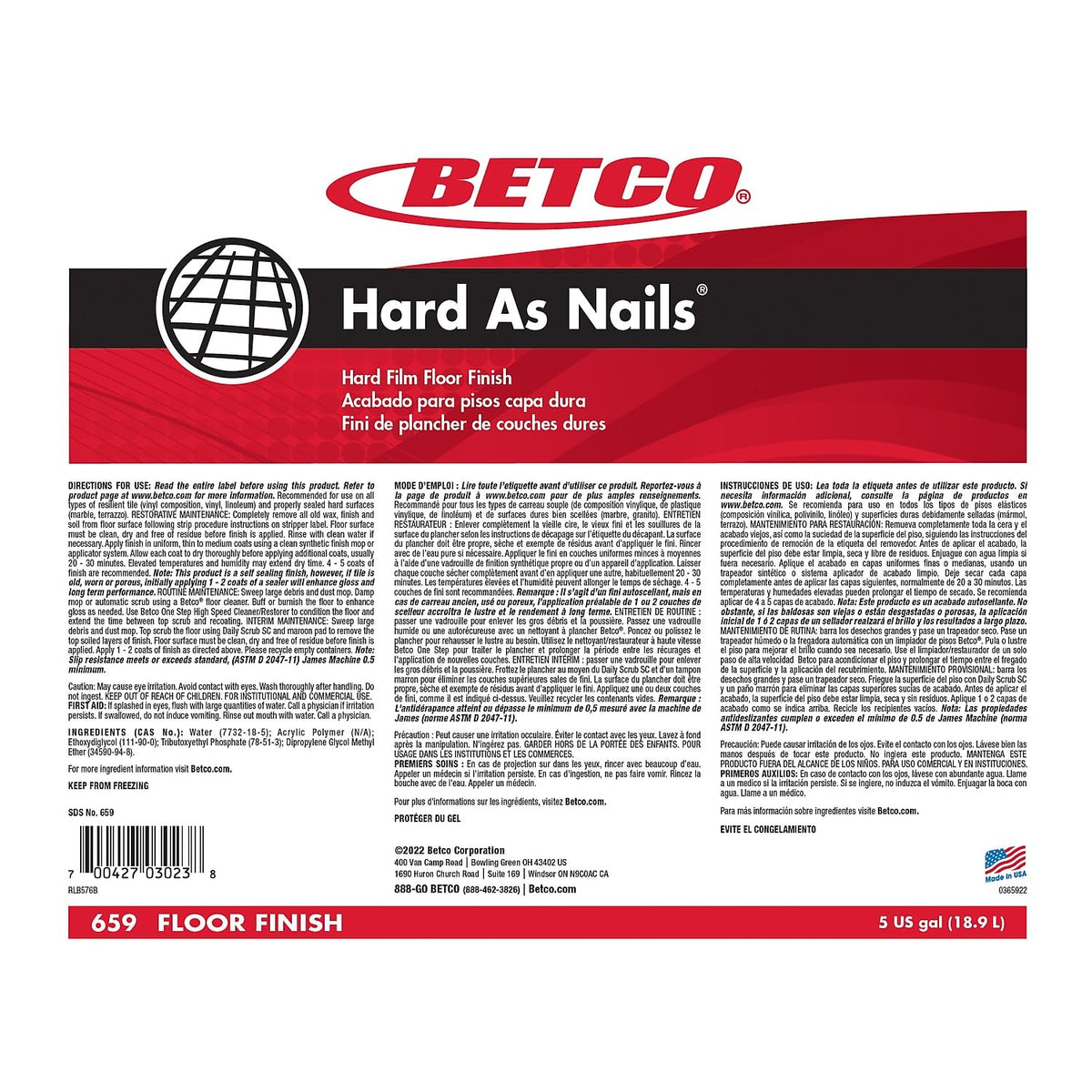 ® Hard As Nails® Floor Finish by Betco – No color, Model 659B500