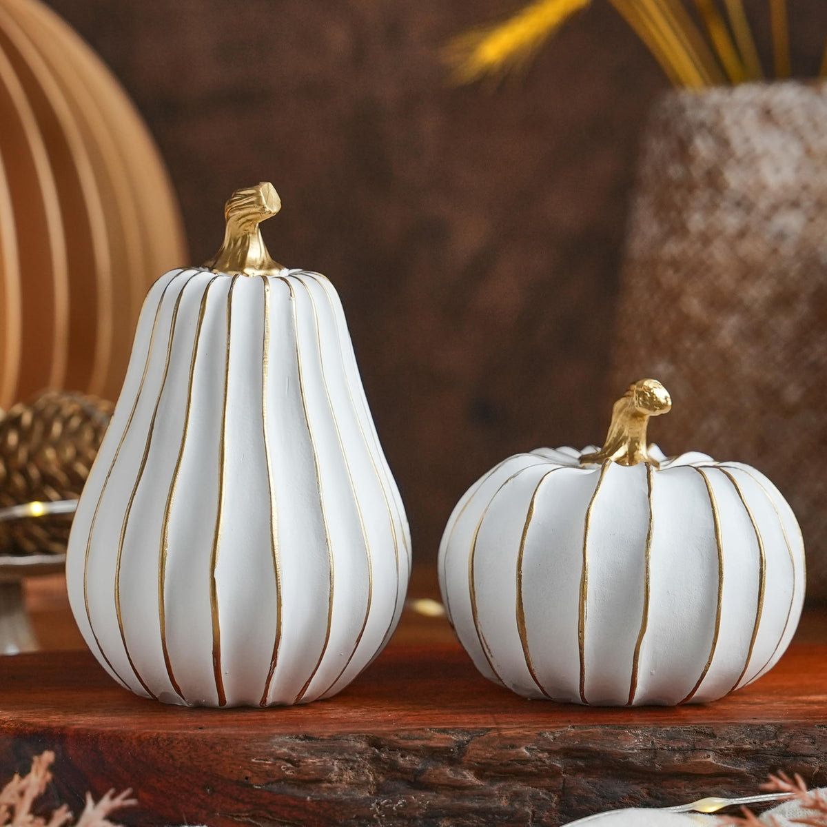 Festglox Resin Pumpkin Decor, White and Gold, Set of 2
