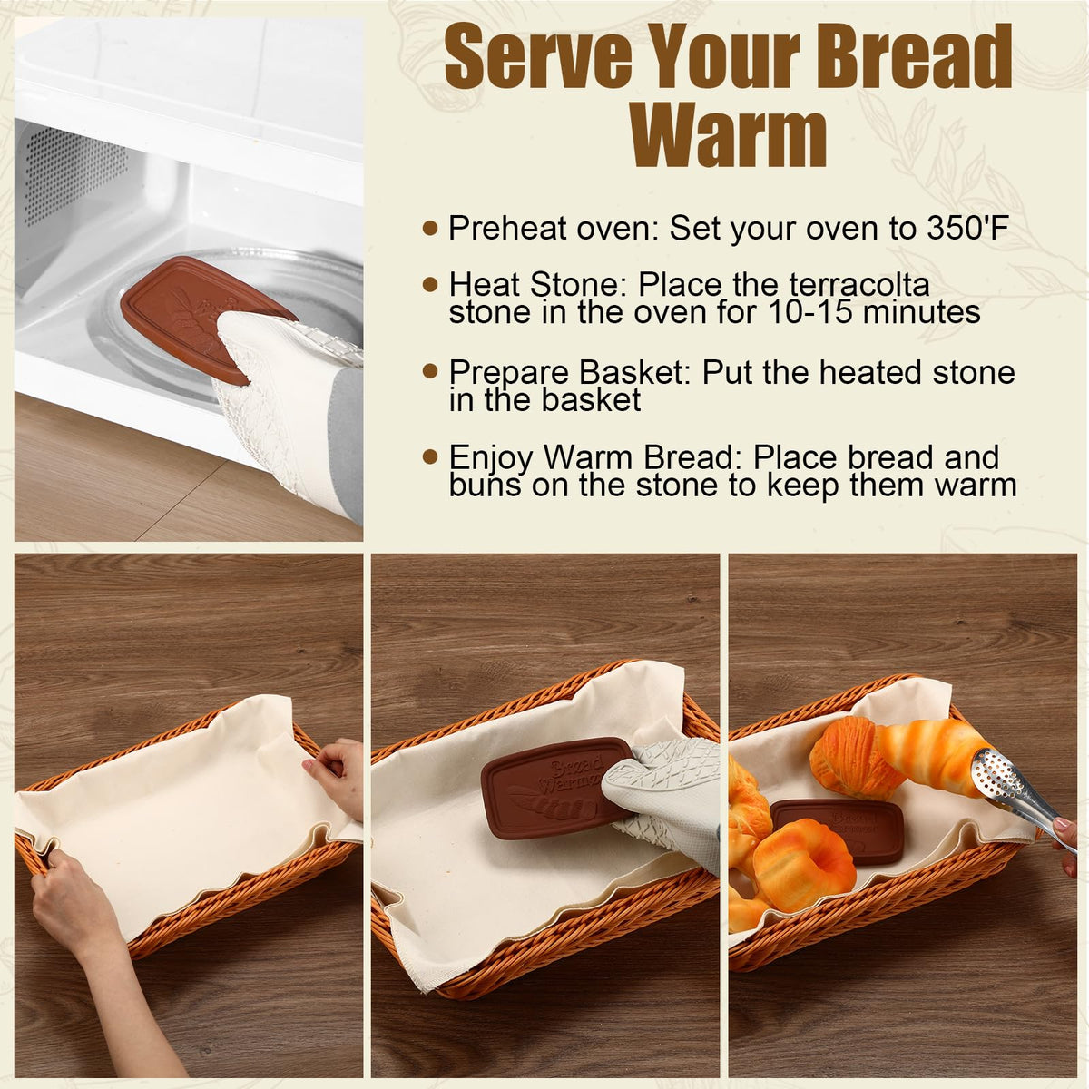 LemonRoad Bread Warmer Basket Set, Includes 2 Baskets 3 Stones and Towel, Tan