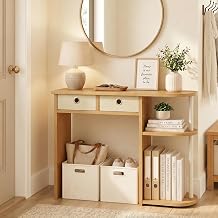 Furinno Jaya 32-Inch Oak Entryway Table with 2 Fabric Drawers, Console Table with Open Shelves, Behind Sofa Couch Tables, for Living Room, Entryway, Hallway, Beech