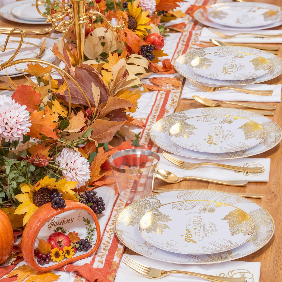 Nervure Thanksgiving Dinnerware Set, 175 Pieces for 25 Guests, White Gold