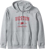 Weston Connecticut CT Vintage Sports Design Red Print Zip Hoodie