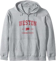 Weston Connecticut CT Vintage Sports Design Red Print Zip Hoodie