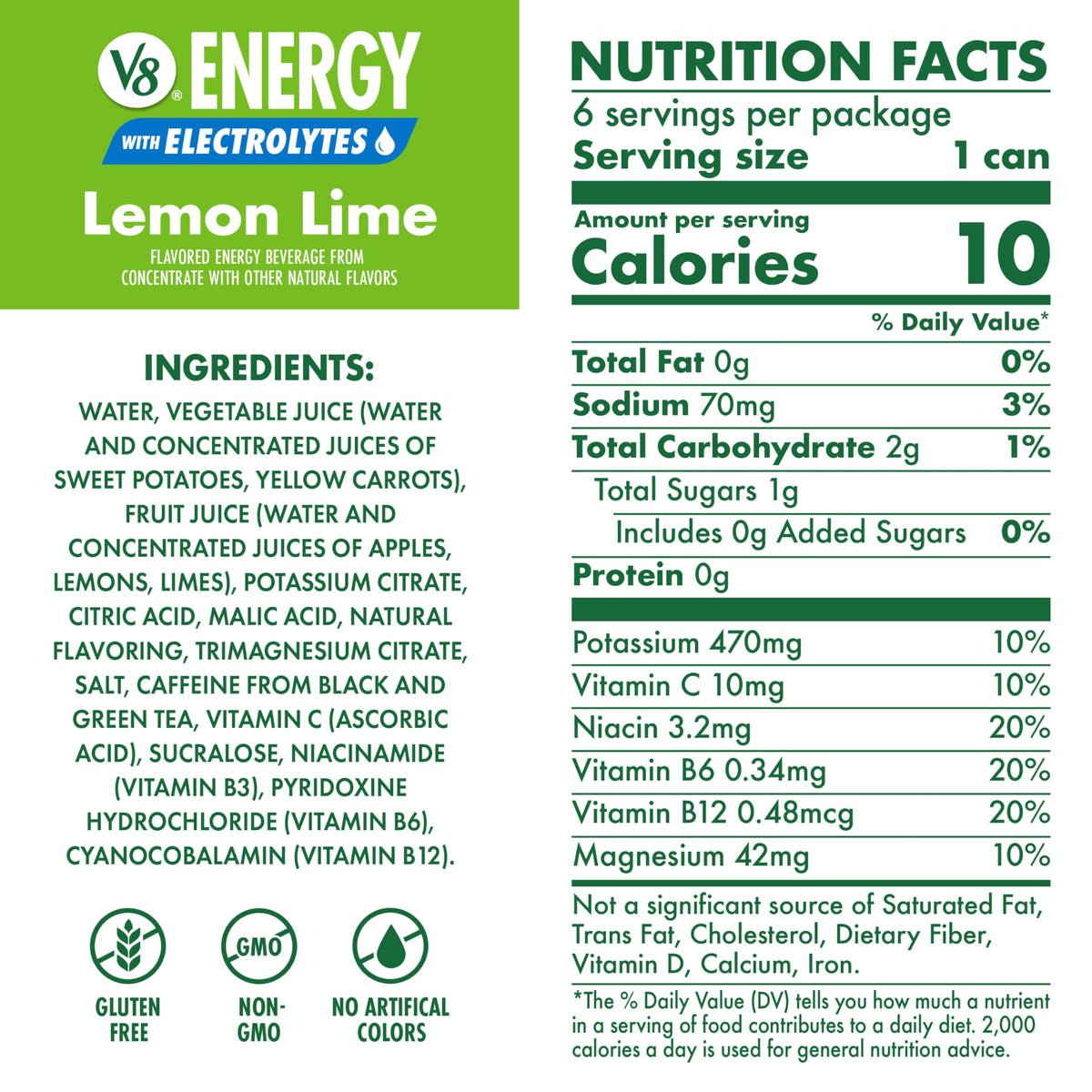 Energy Lemon Lime with Electrolytes Beverage by V8 – Pack of 6 (8 Fl Oz), Model 200000029743