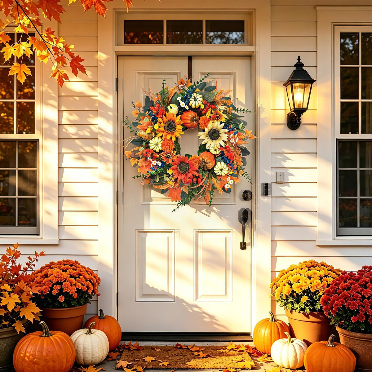 Plmiera Autumn Wreath, 24 Inch Diameter, Sunflowers and Pumpkins