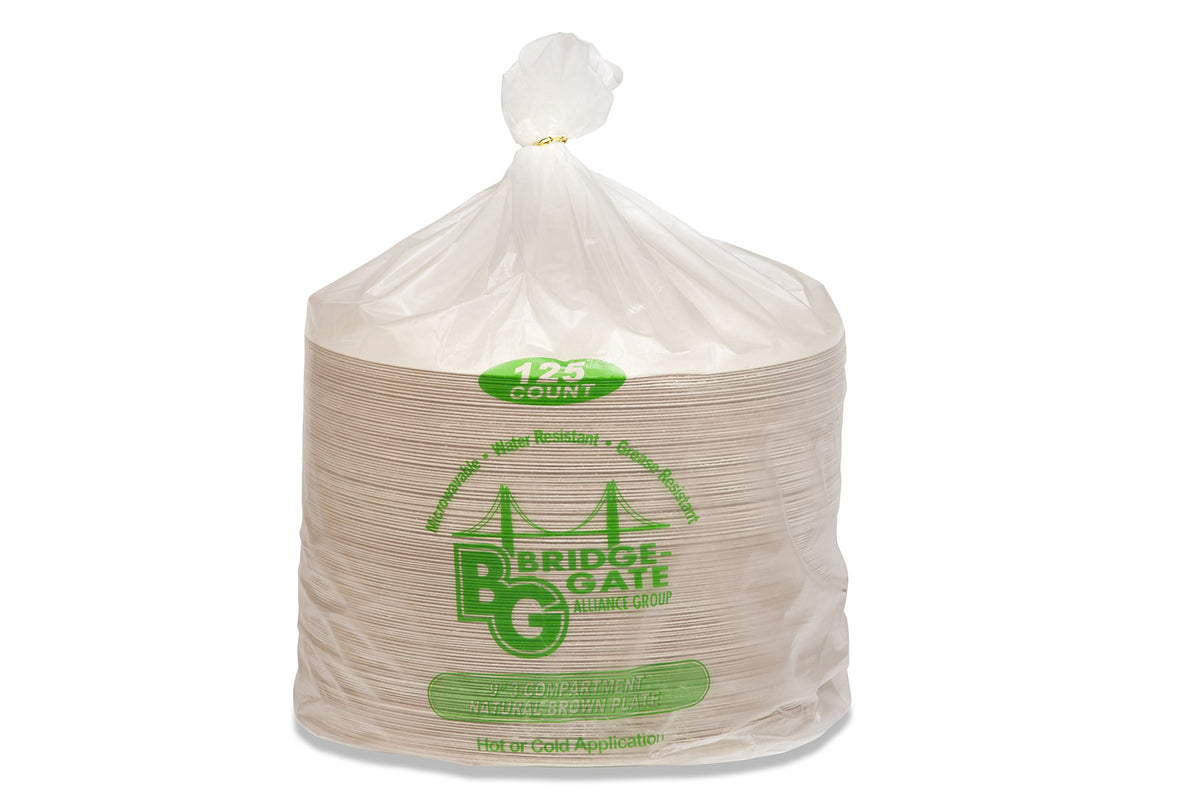 Compostable 9" Molded Fiber 3 Compartment Paper Plates by Vegware – 9", Molded Fiber, White, Pack of 500, Model BGW-9-3
