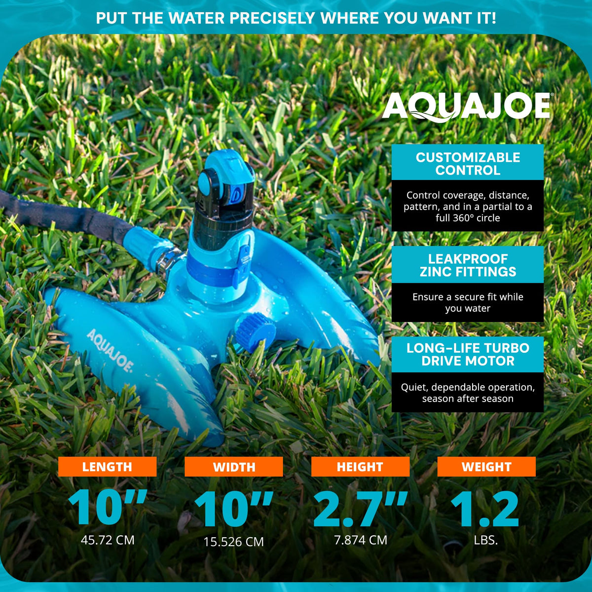 4-Pattern Sprinkler with 360-Degree Rotation and Metal Base by Aqua Joe – No Size, Metal, w/ Lie-Flat Metal Base for Any Landscape, Model AJ-MSSBM