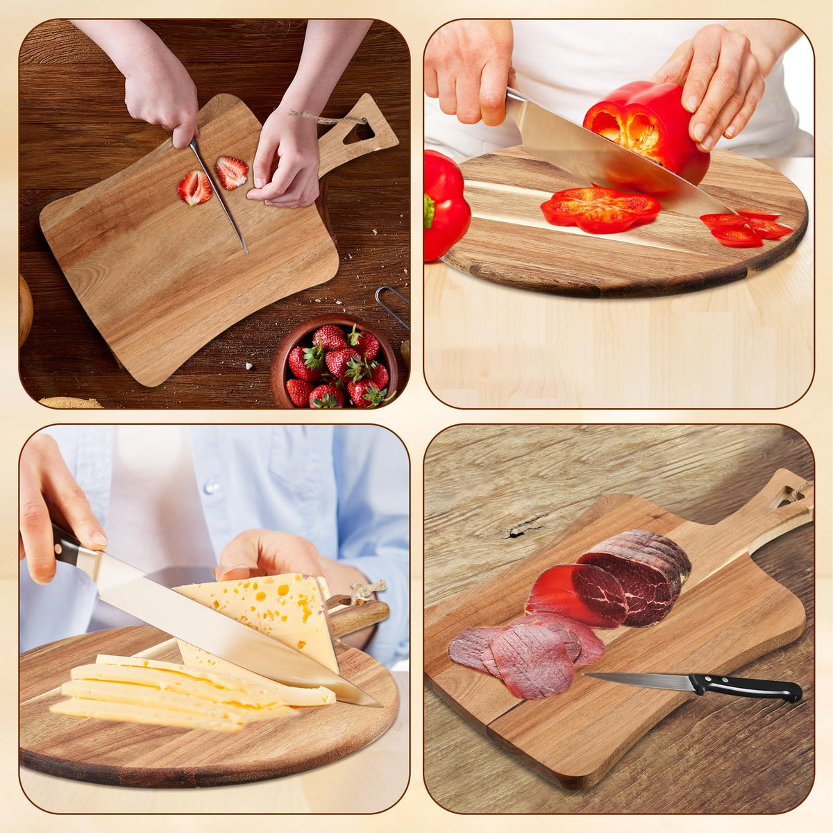 Hsei Acacia Wood Cutting Boards, 2 Pack with Handles, Round and Rectangular
