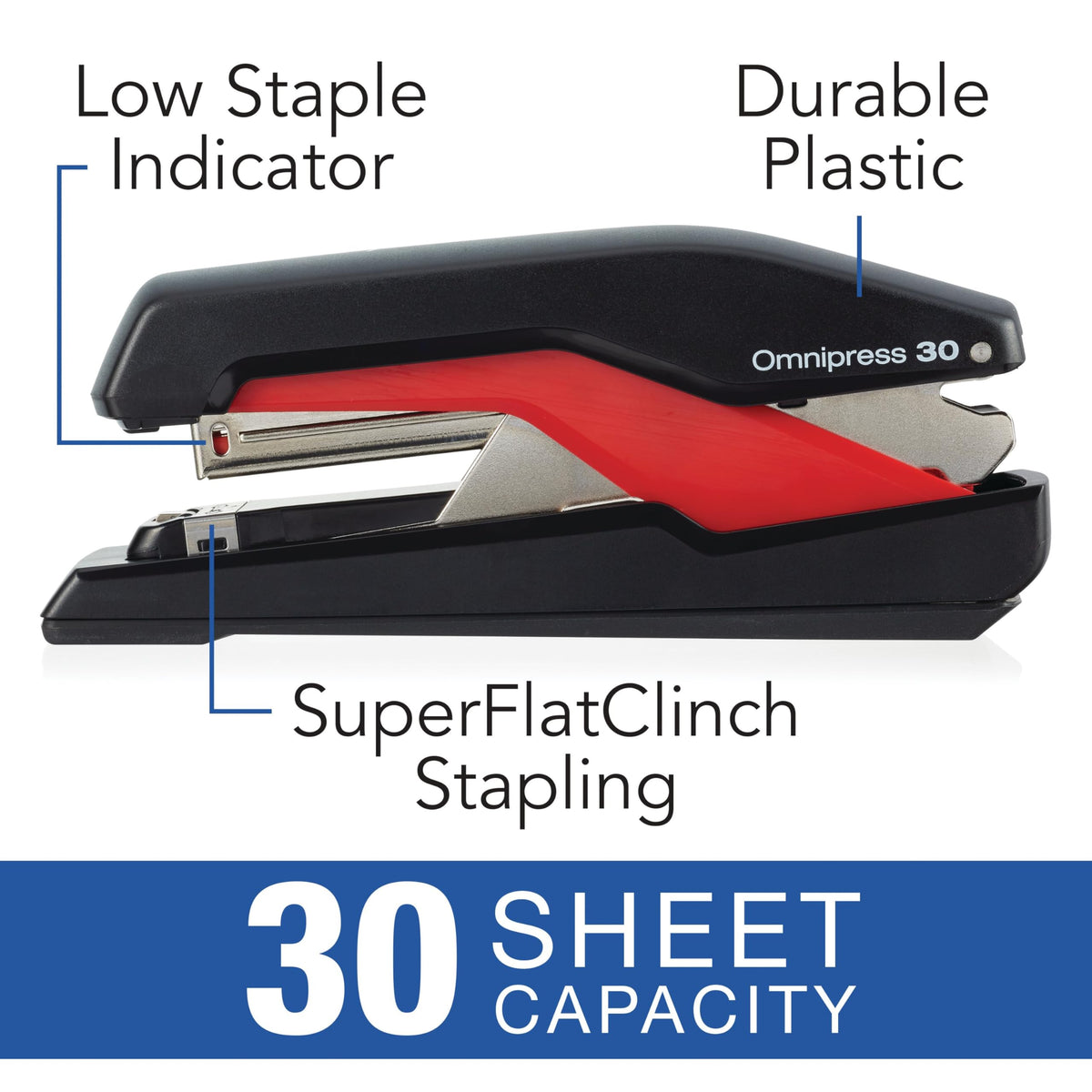 Stapler, Omnipress 30 Stapler, "Press Anywhere for Easier Use", 30 Sheet Capacity, Black/Red () by Swingline – Plastic, Black/Red, Model 5000586A