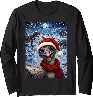 Xmas Dinosaurs Moon Night Starry Themed Emu Bird Christmas Long Sleeve T-Shirt