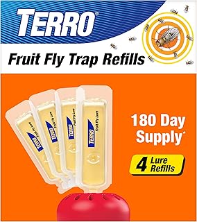 TERRO Fruit Fly Trap Refills, 4 Pack Liquid Bait Replacement for Home | Food-Based Liquid Lure, Non-Staining, Fast-Acting, 180 Day Supply, No Mess, Fruit Fly Bait Indoor