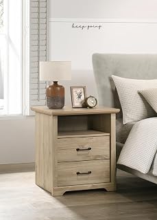 Elara 22-inch Wide Light Oak Finish 2-Drawer Nightstand with Open Shelf & USB and USB-C Charging Ports, Modern Bedside Table with Black Handles for Bedroom Storage