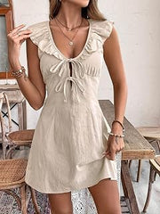 Ruffled Sleeveless Mini Dress Deep V-Neck Double Tie Front Soft Linen-Like Bohemian Casual Date Night Outfit for Women