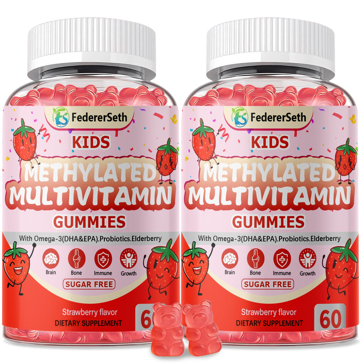 (2 Pack) Methylated Multivitamin Kids Gummies + Omega by FedererSeth – 60 Count (Pack of 2)