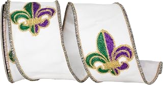 Reliant Ribbon Fleur De Lis Embroidery Dupioni Deluxe Wired Edge, White, 2-1/2 Inch, 10 Yards