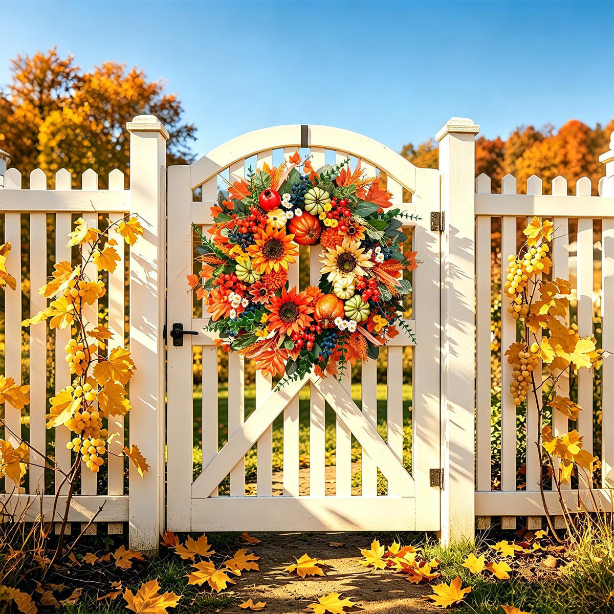 Plmiera Autumn Wreath, 24 Inch Diameter, Sunflowers and Pumpkins
