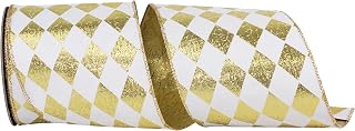 Reliant Ribbon Shiny Diamond Metallic Deluxe Metallic Backed Wired Edge, White/Gold, 4 Inch, 10 Yards