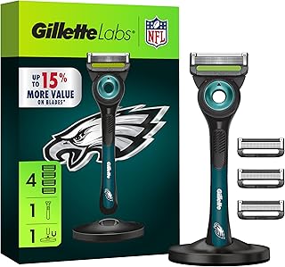 Labs Special NFL Eagles Edition Shaving Razor for Men - 1 Handle, 4 Razor Blade Refills & Magnetic Stand, GilletteLabs with Exfoliating Bar