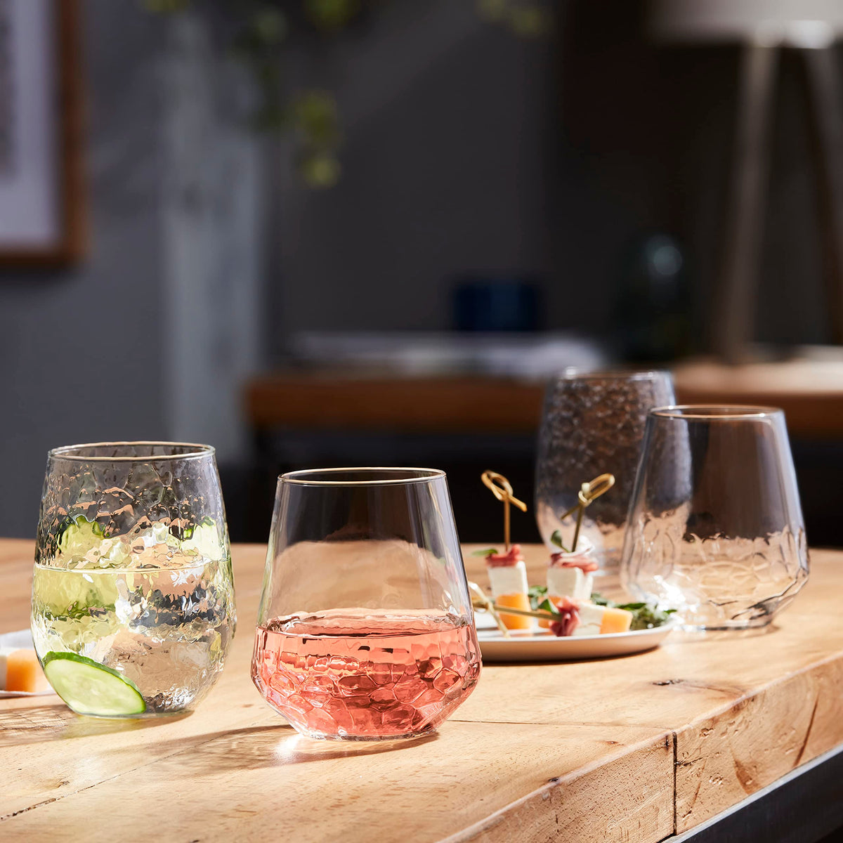 Hammered Stemless Wine Glasses Set of by Libbey – 17 Ounces, Set of 8, 17.75 ounces, Glass, Hammered 8 (17.75 oz), Model 1062