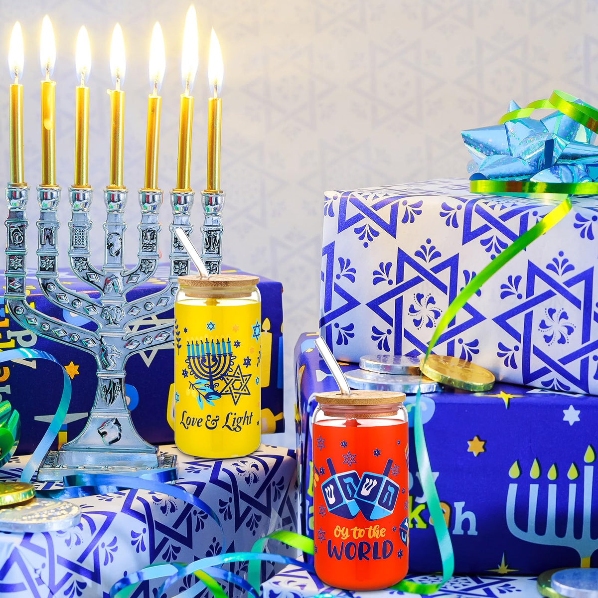 Layhit Hanukkah Glass Tumblers, 16 oz with Lids and Straws, Set of 6